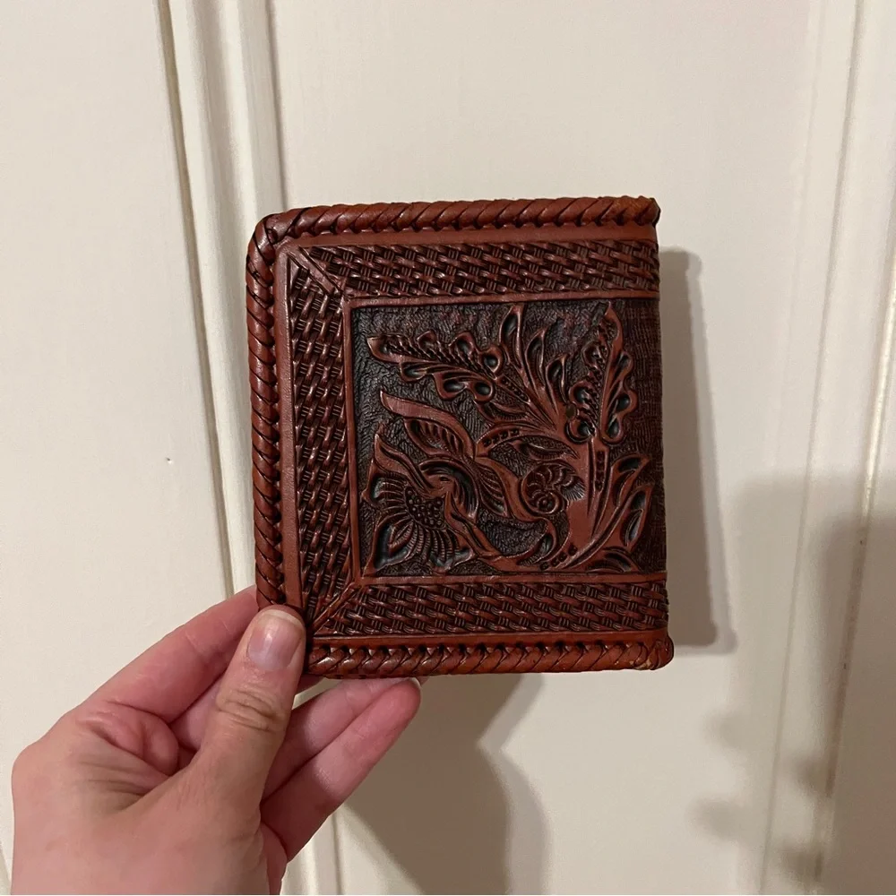 Hand Tooled Leather Wallet Made in Mexico Brown Floral Braided Like New